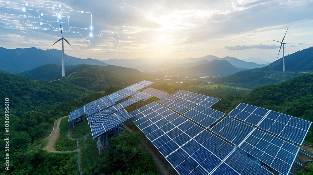 Aufkleber Cutting edge solar and wind powered smart grid infrastructure integrating efficient energy storage solutions for balanced and sustainable energy use