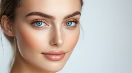 Fototapeta premium Close-Up Portrait of a Beautiful Woman with Clear Skin and Bright Blue Eyes Demonstrating Natural Beauty and Flawless Makeup Technique in Soft Lighting