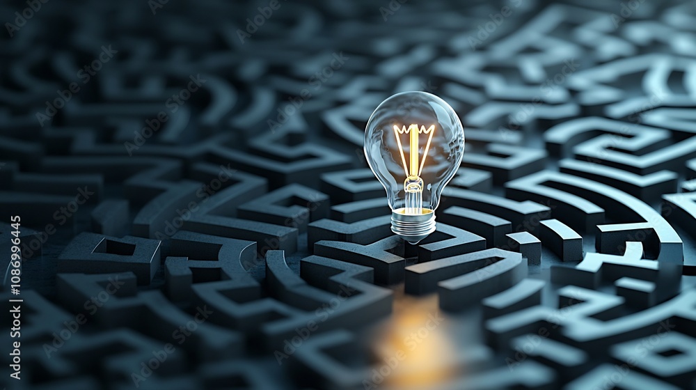 Poster Glowing light bulb at the center of a dark blue maze symbolizing the concept of creativity problem solving and the process of finding solutions to challenges