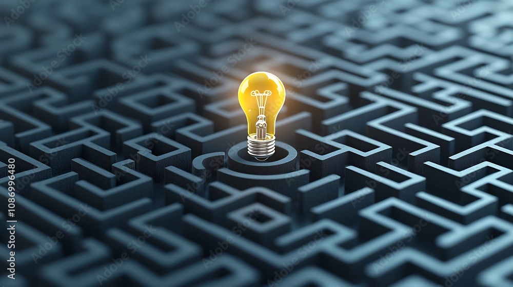 Leinwandbilder a glowing light bulb in the center of a maze against a dark blue background symbolizing the creative