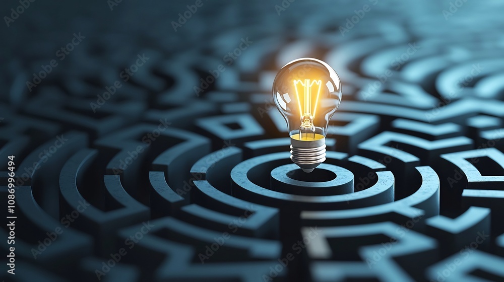Poster Glowing light bulb in the center of a maze on a dark blue background symbolizing the creative process and problem solving  This image represents the moment of breakthrough thinking