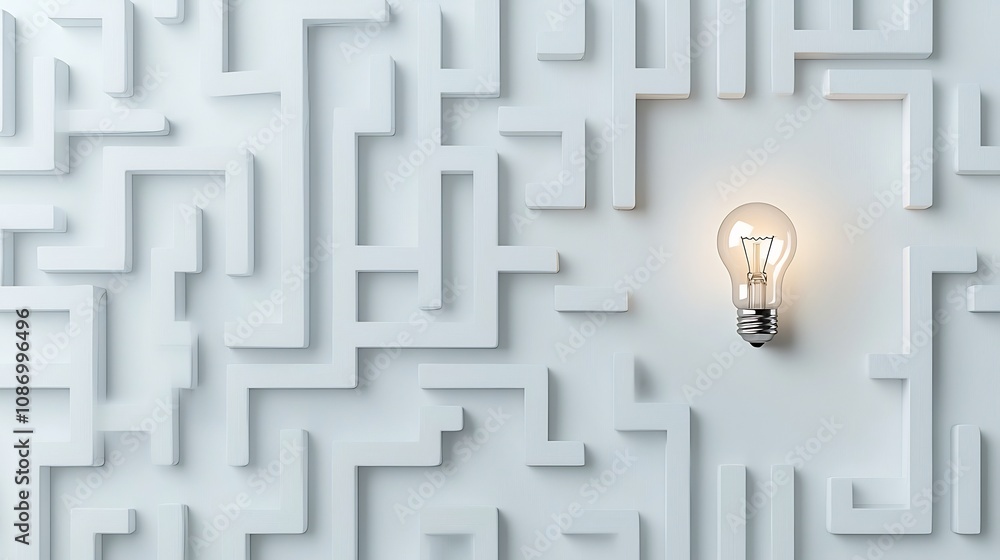 Poster Close up view of a maze with a bright illuminated light bulb at the exit representing breakthroughs idea finding solutions to challenges on a blue and white abstract background