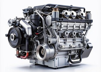 Fototapeta premium Modern High-Tech Engine Isolated on White Background Showcasing Valve Maintenance and Gasoline Consumption Efficiency for Automotive Industry