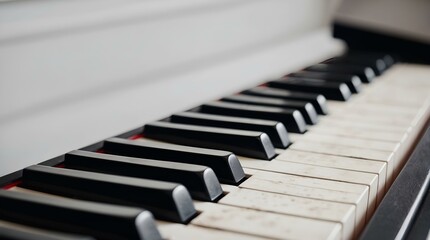 Close-up of piano keys with black and white keys in focus
