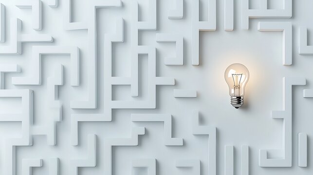 Close up view of a maze with a bright illuminated light bulb at the exit representing breakthroughs idea finding solutions to challenges on a blue and white abstract background