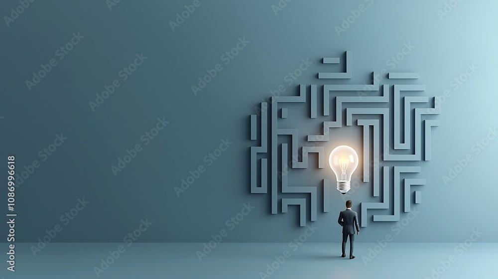 Poster Glowing light bulb in the center of a maze on a dark blue background symbolizing the spark of creativity and the process of problem solving  This image represents the journey of finding solutions