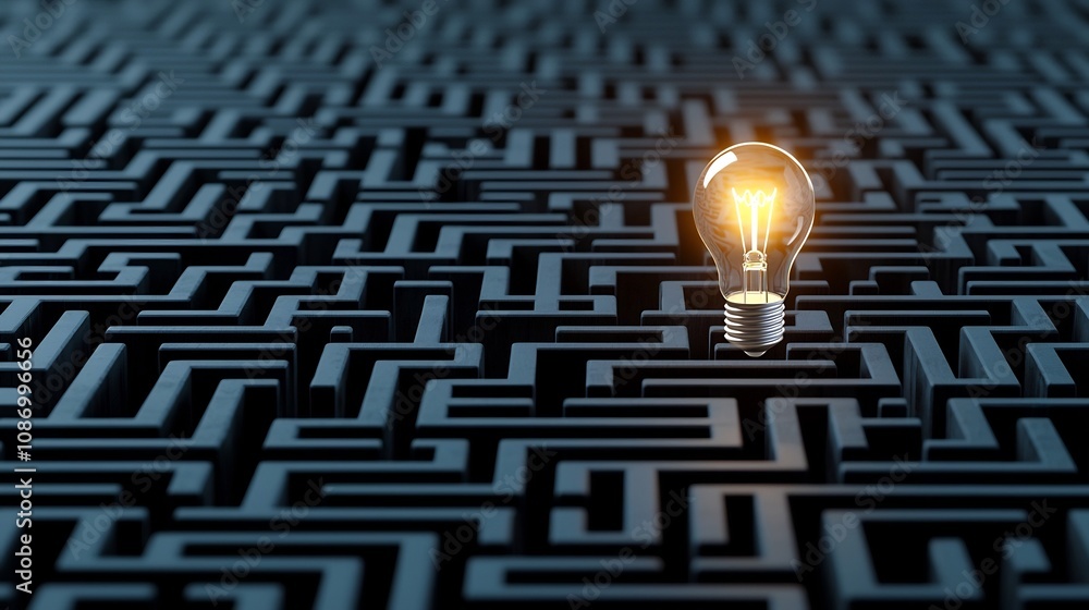Poster Glowing Light Bulb in the Center of an Intricate Maze Symbolizing Creativity and Problem Solving in an Idea Concept  The Dark Blue Background Adds to the Contemplative and Cerebral Feel of the Image