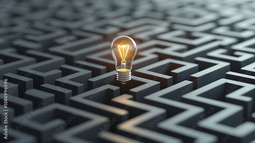 Poster Generative concept with a glowing light bulb at the heart of a labyrinth on a Black and gold background representing innovation and creative thinking