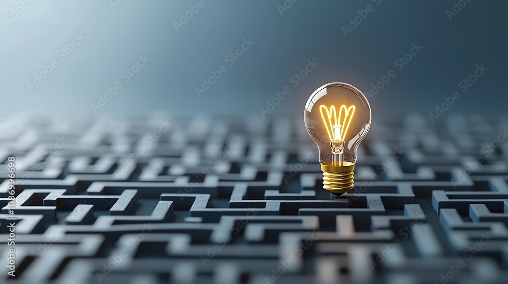 Poster Glowing Light Bulb at the Center of a Geometric Maze Pattern on a Dark Blue Background Symbolizing the Creative Concept of Finding Solutions and Solving Problems Through and Innovation