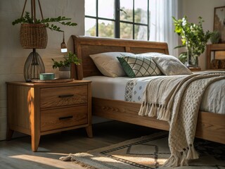 Serene Modern Bedroom Interior with Wooden Bed and Nightstand, Emphasizing Natural Light and Vintage Style Photography