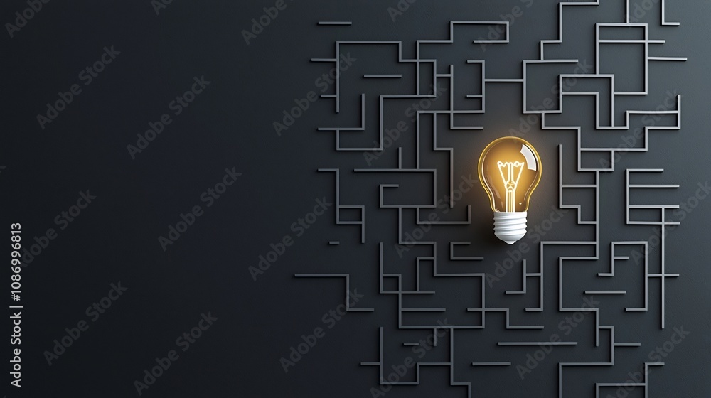 Poster creative concept with a light bulb in the center of a maze on a black and gold background symbolizin