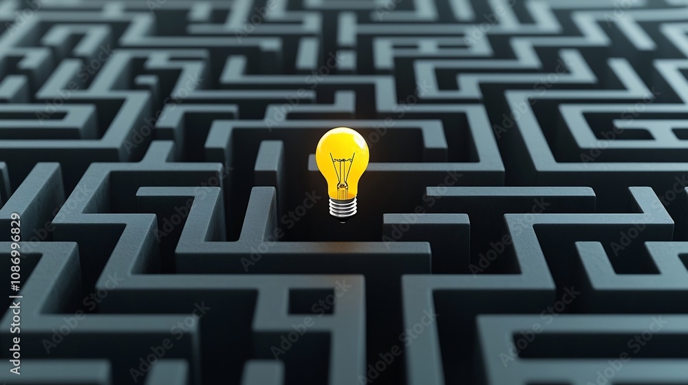 Poster Illuminating Idea Creative Concept Depicting a Light Bulb Centered in a Maze on a Black and Gold Background Symbolizing the Process of Problem Solving and Innovation
