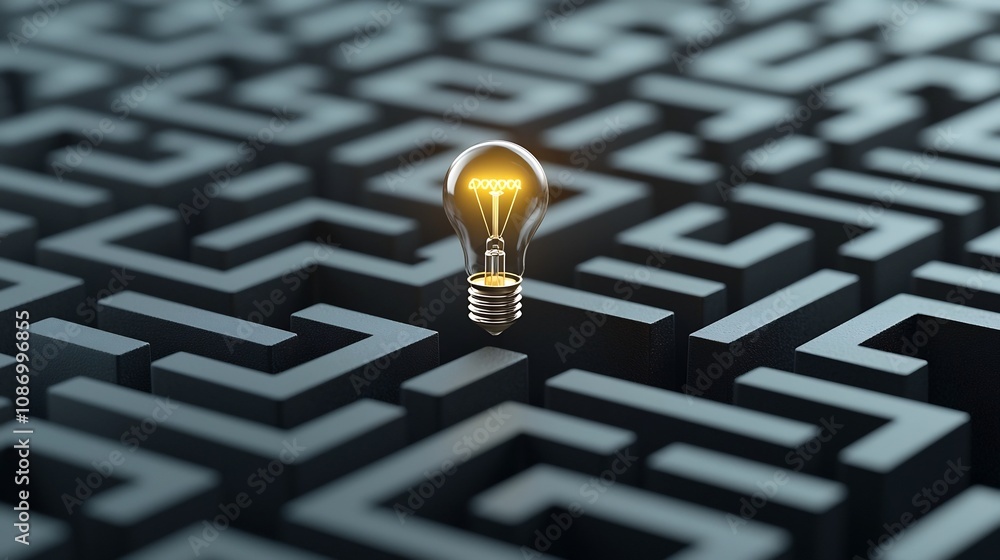 Poster Illuminating Insight A light bulb at the center of a maze on a black and gold background symbolizing the creative process of idea and problem solving through strategic thinking and