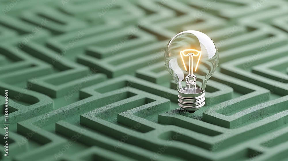 Fototapete A glowing light bulb shines at the center of a intricate maze like pattern on a dark green background symbolizing the process of innovation idea discovery and problem solving