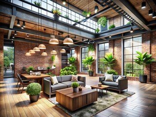 Fototapeta premium Modern Industrial Style Office Lobby with Tilt-Shift Photography - A Chic Blend of Design Elements for Contemporary Workspaces