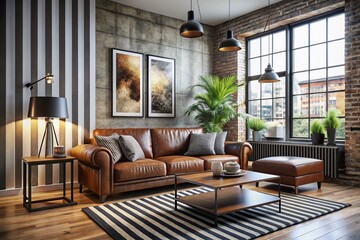 Obraz premium Elegant Loft Industrial Apartment Featuring Mock-Up Poster, Stylish Brown Sofa, Black Stripes Commode, Coffee Table, Grey Rug, and Contemporary Lamp for Modern Living Spaces