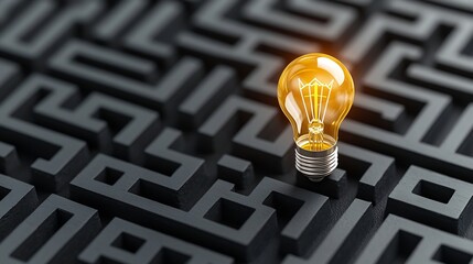 Creative light bulb inside a maze on a black and gold background symbolizing the process of idea finding innovative solutions to challenges