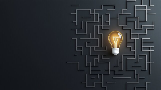 Creative concept with a light bulb in the center of a maze on a black and gold background symbolizing the process of idea finding innovative solutions to challenges