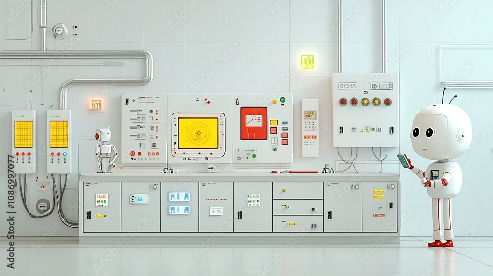 Poster cartoon character operating a futuristic smart grid energy storage system with a quirky robot assist