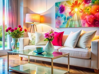 Modern Living Room with Stylish White Sofa, Colorful Cushions, Side Table with Lamp, Vibrant Flower Arrangement, and Cheerful Wall Artwork for a Bright Interior Aesthetic