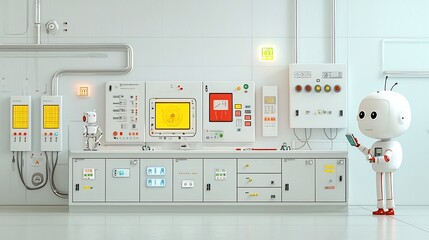 Cartoon character operating a futuristic smart grid energy storage system with a quirky robot assistant featuring glowing holographic control panels and compact modular energy cells
