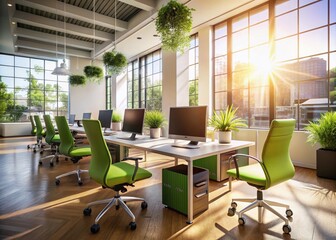 Modern Office Space Featuring Computers, Green Chairs, and Abundant Natural Light for a Productive Workspace Atmosphere