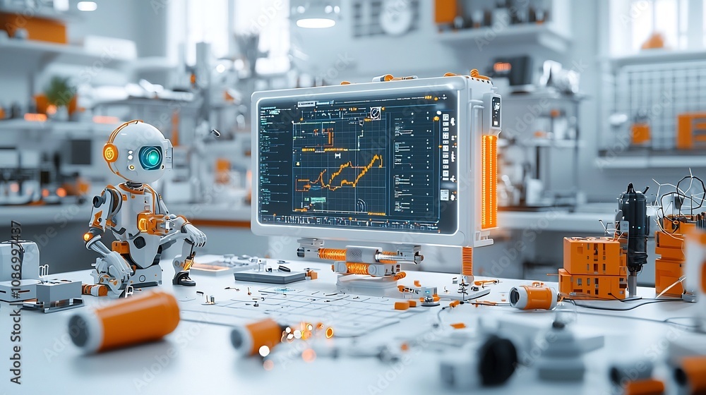 Poster Innovative cyborg engineer in a retro futuristic workshop surrounded by compact energy storage modules interactive data visualizations and pulsing energy conduits