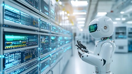 Friendly robotic automaton overseeing a smart grid system with scalable energy storage arrays dynamic data visualization displays