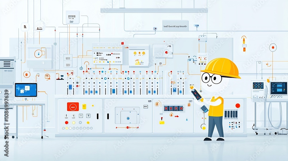 Poster Cartoon character servicing modular battery packs intuitive monitoring systems and pulsing power flows inside a high tech research facility
