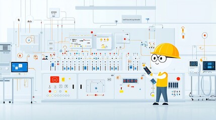 Cartoon character servicing modular battery packs intuitive monitoring systems and pulsing power flows inside a high tech research facility
