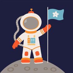 Astronaut planting flag on the moon with starry background.