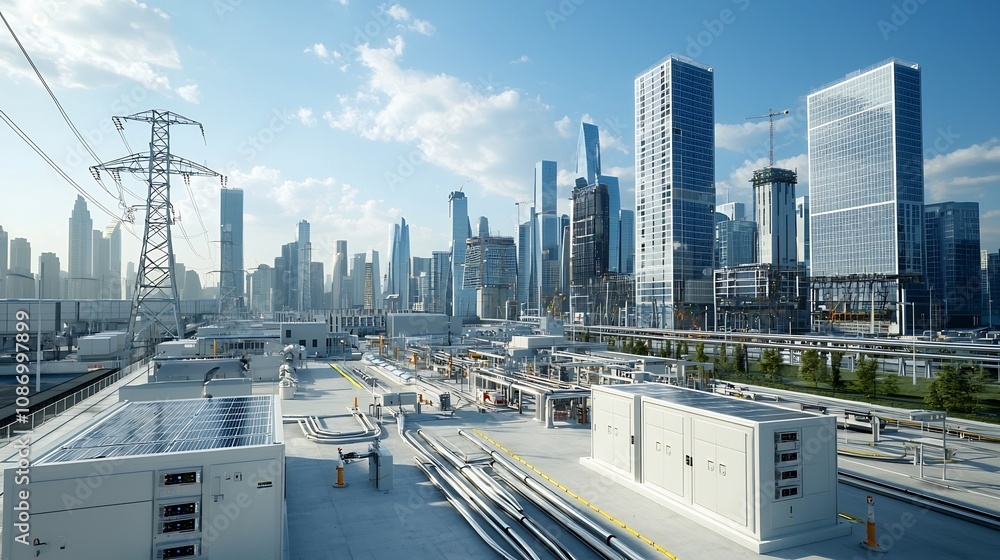 Poster futuristic urban skyline powered by advanced smart grid and energy storage technologies