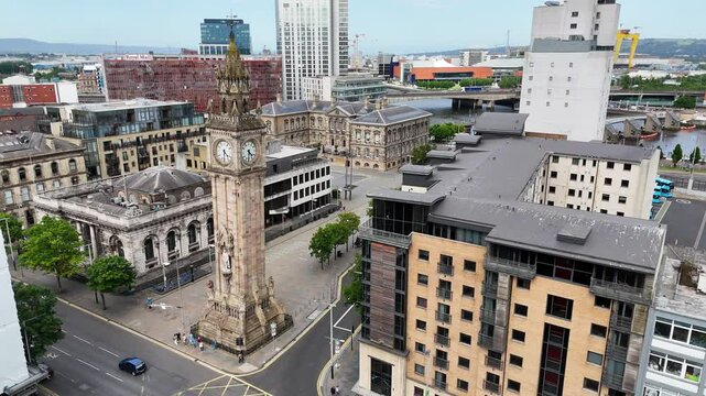 Bird's-eye view of Albert Memorial Clock in Belfast, Northern Ireland, UK