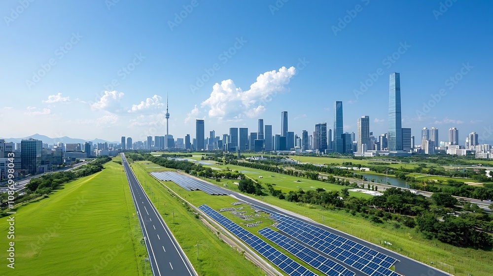 Poster vibrant dynamic city skyline showcasing the of renewable energy sources and innovative energy storag