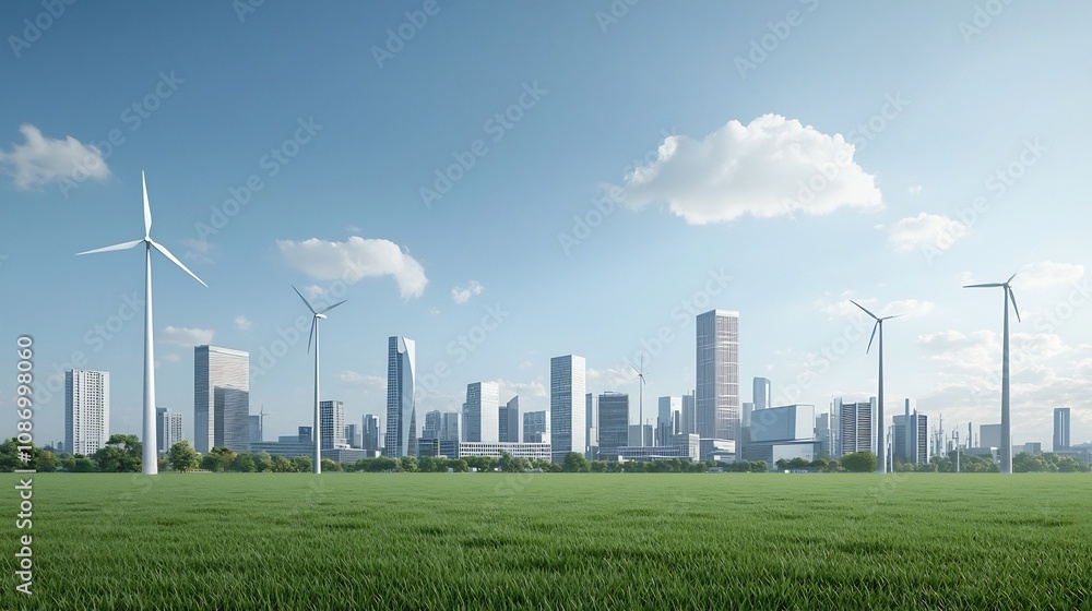 Poster vibrant dynamic city skyline showcasing the of renewable energy sources and innovative energy storag