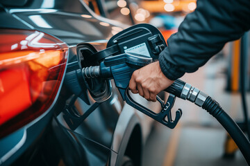 Hand refueling a red car at a gas station. The scene captures the detail of the fuel pump and nozzle in a modern refueling station.