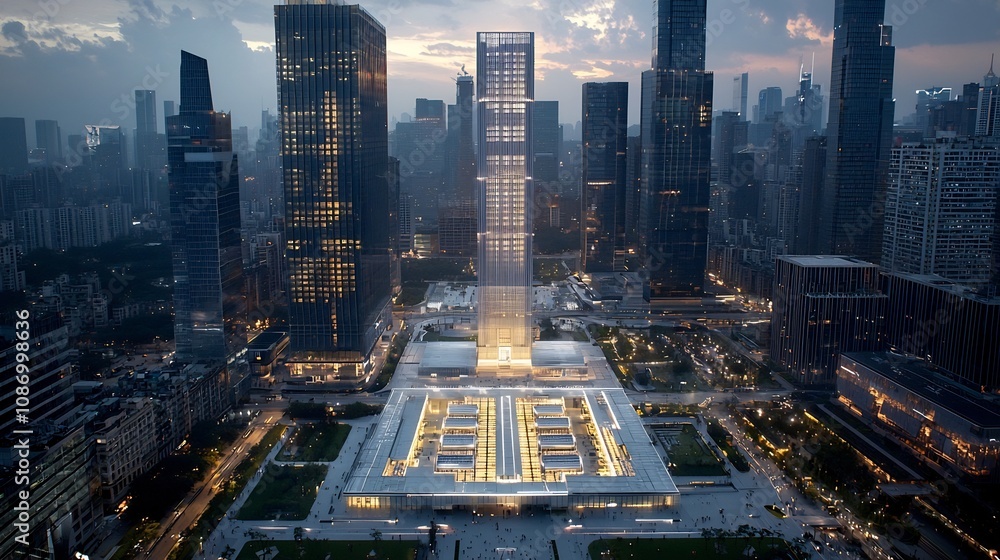 Poster sleek modernist cityscape illuminated by the strategic placement of energy storage hubs seamlessly b