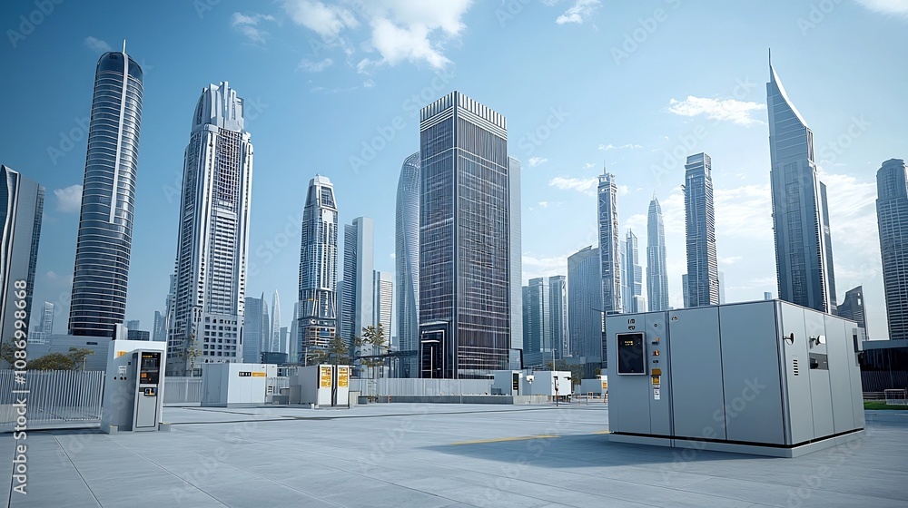 Poster Towering high tech metropolis powered by a dynamic smart grid and an array of cutting edge energy storage solutions creating a vision of a sustainable