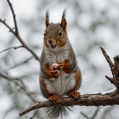 Fototapeta premium A squirrel holding a nut, sitting on a branch with a white backdrop.