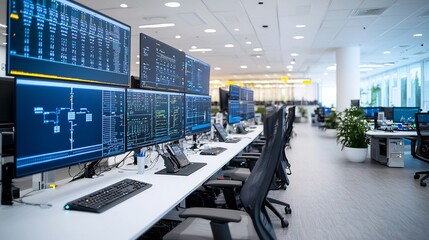 Sophisticated Power Grid Control Center Overseeing Efficient Energy Distribution from Multiple Sources to Cities and Factories