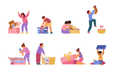 Happy children opening presents vector illustrations set. Multiracial kids boys and girls unwrapping and opening gift boxes with toys. 