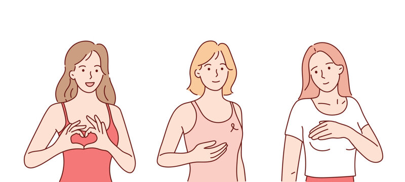 Breast cancer awareness month concept, breast cyst or tumor examination. Vector medical illustration in cartoon style.