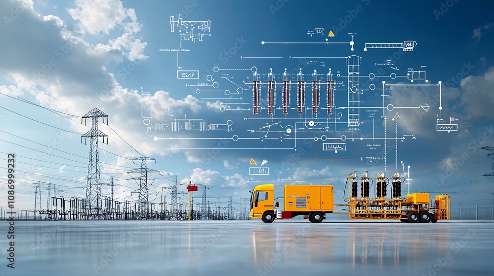 Aufkleber Detailed diagram showcasing the components and of a smart grid management system that combines renewable energy sources such as solar wind and hydroelectric with traditional fossil fuel power sources