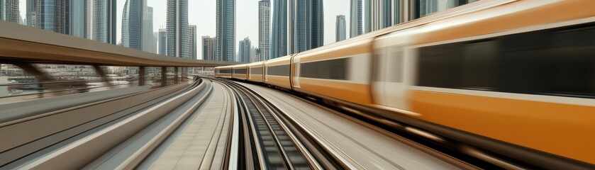 Obraz premium A modern train traveling swiftly on elevated tracks through a cityscape.