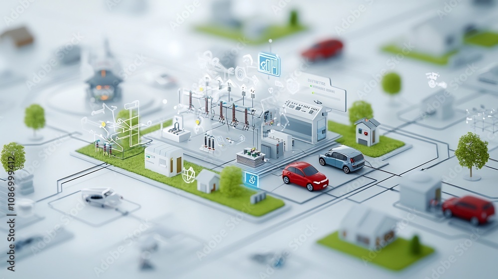 Aufkleber Visualization of a centralized power grid management hub that links various energy sources electric vehicles and smart home technologies