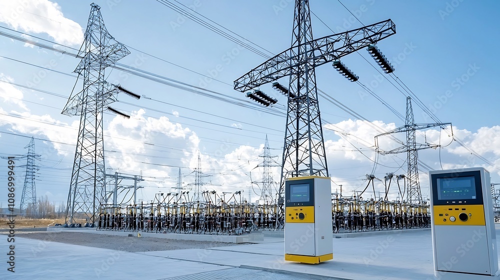 Poster smart power grid management center connecting various power plants to residential commercial and ind