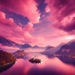 A dreamy, pink-hued sky over a peaceful lake surrounded by mountains