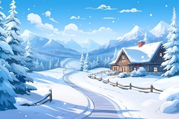 Naklejka premium A Fantasy landscape a glacier island, snow, fairy illustration, nature, vector, background, hill, sky, mountain, tree, environment, horizon, summer, blue, forest, landscape - scenery, horizontal,