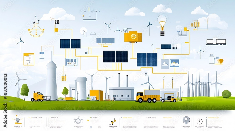 Poster detailed smart energy grid showcasing the interconnection of solar wind hydro and nuclear power plan