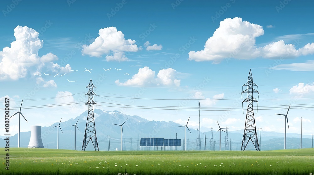 Poster Detailed smart energy grid showing the interconnection of solar wind hydro and nuclear power plants with advanced management and automation technologies for efficient